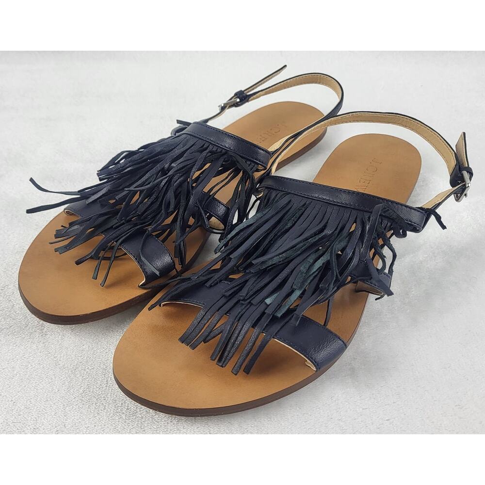J.Crew Fringe Leather Slingback Adjustable Buckle Sandals Flats in Black | 10